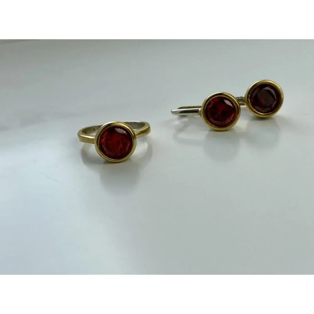 925 STERLING SILVER GOLD PLATED GARNET & CZ JEWELRY SET TURKEY